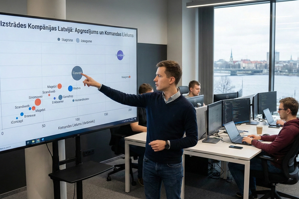 Team analyzing competitor data on a large screen in the iConcept office