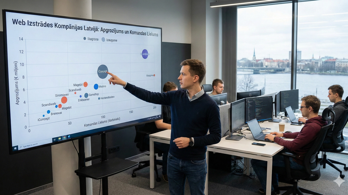 Komanda analizē konkurentu datus uz liela ekrāna iConcept birojā