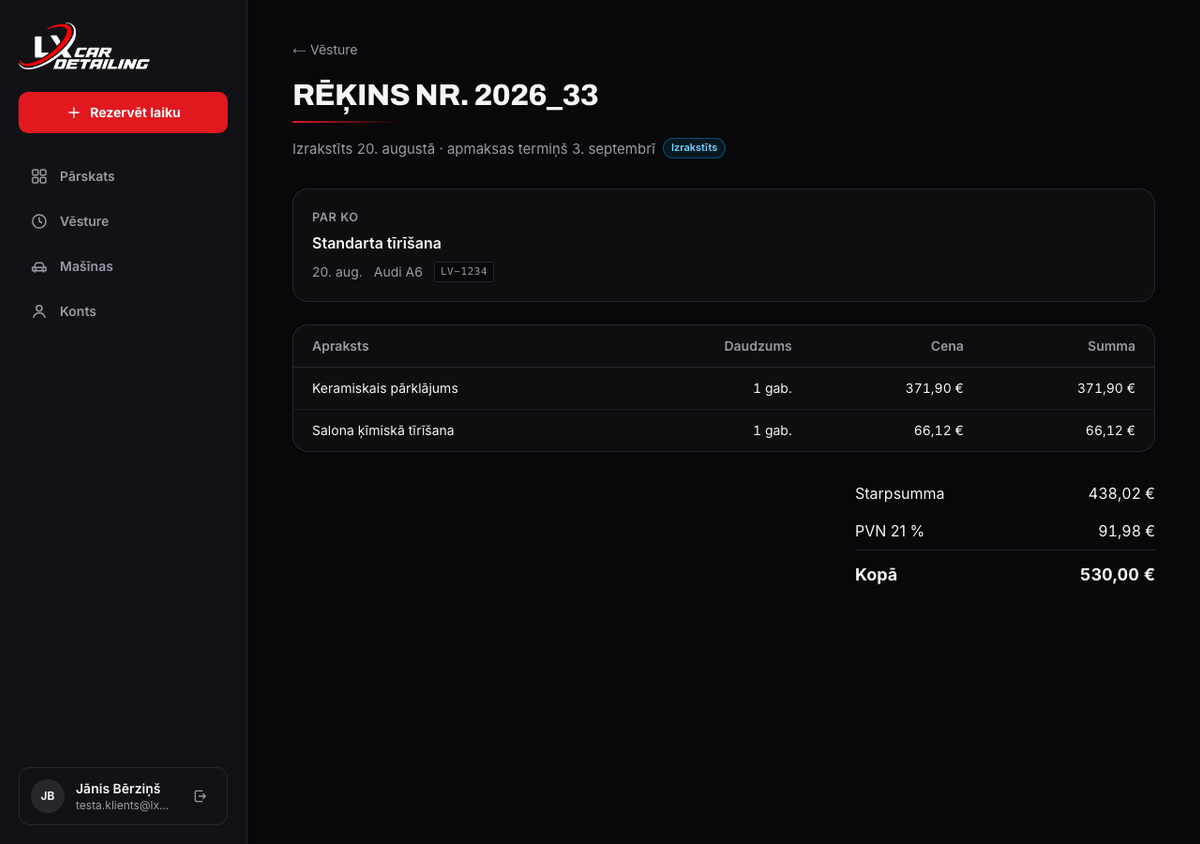 Rēķins klienta portālā ar rindiņām, PVN un kopsummu