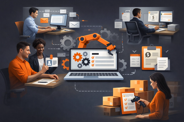 Business workflow automation illustration showing document processing and team collaboration
