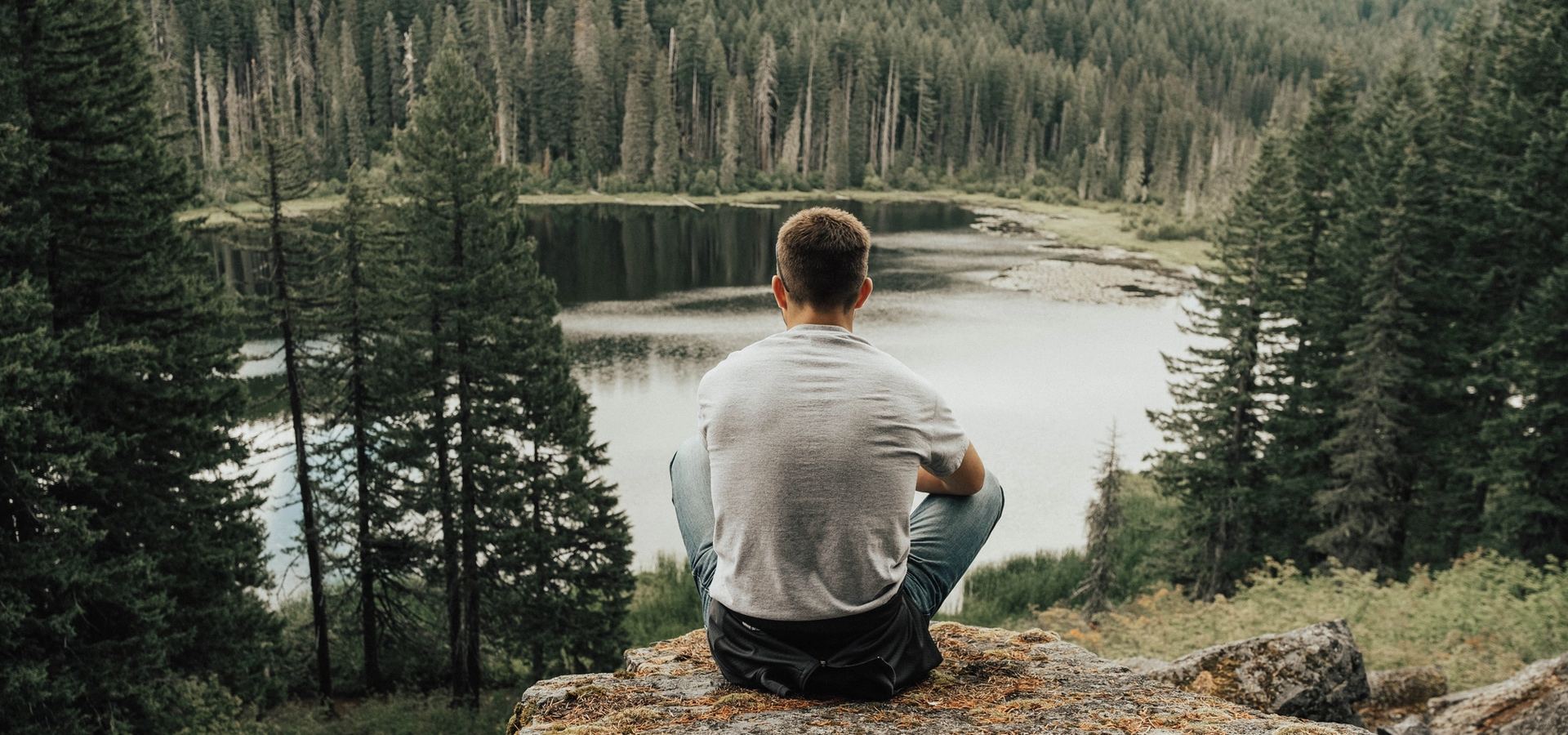 A person sitting on a rock looking out over a quiet forest lake — reflection, steadiness, careful stewardship.