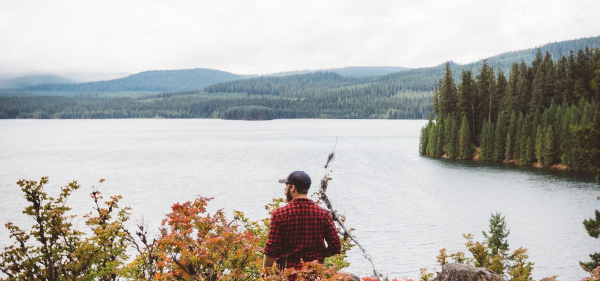 A person in a flannel shirt overlooking a calm Pacific Northwest lake framed by autumn foliage — gentle, values-aligned, modest growth.