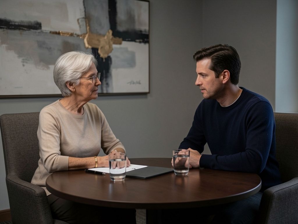 Older woman and adult son in conversation at a meeting table in an office
