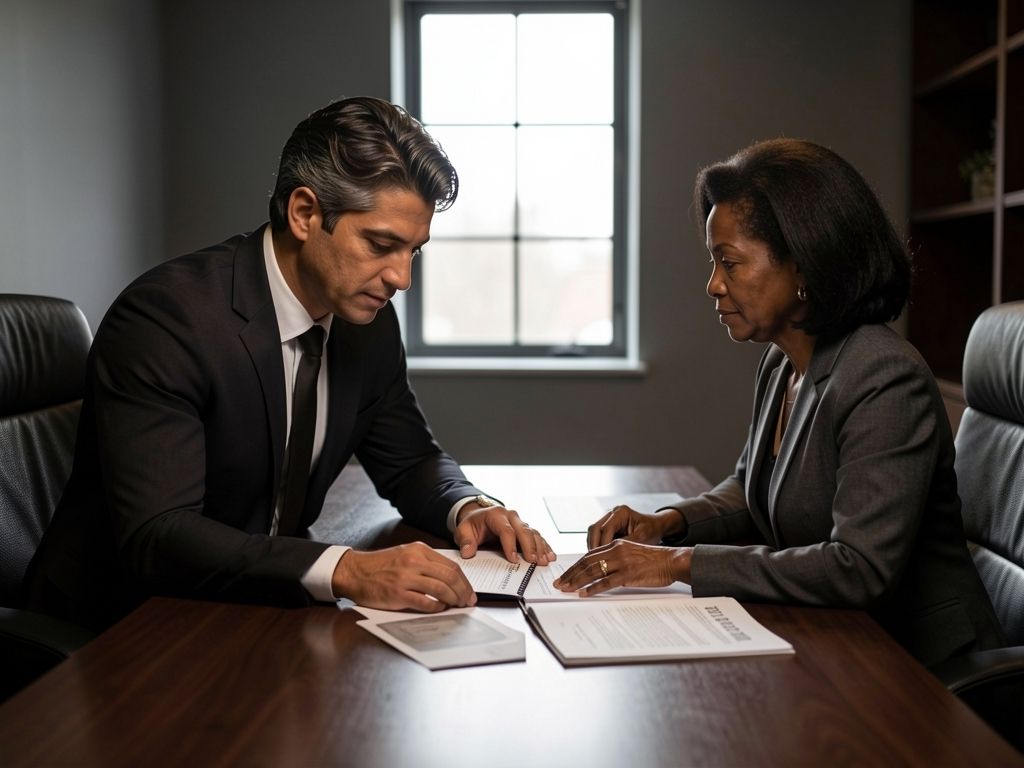 Two professionals review documents together at wood meeting table in morning light.