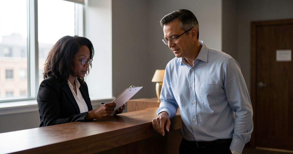 Two professionals reviewing documents in a calm office reception area at morning light.