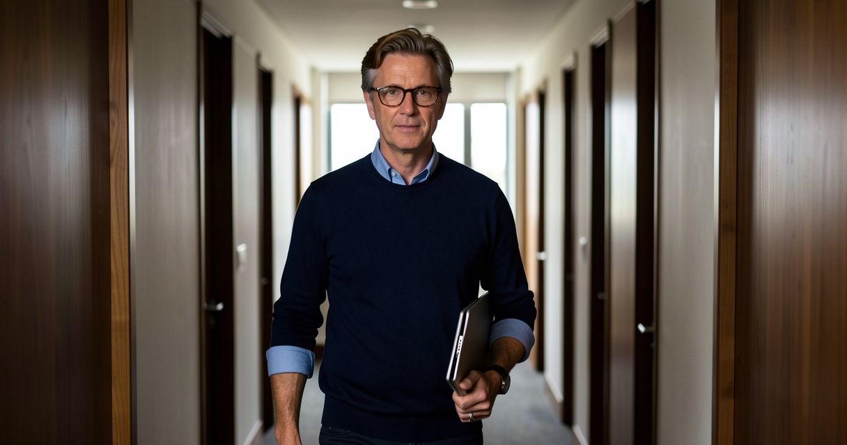 Man in glasses walking down a quiet office hallway, holding a folder and tablet, natural light from window ahead.