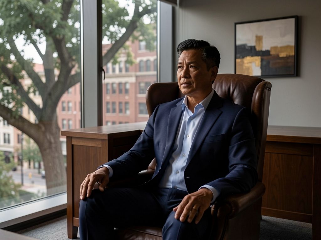 Man seated in leather chair in professional office, hands at rest, listening with intent focus.