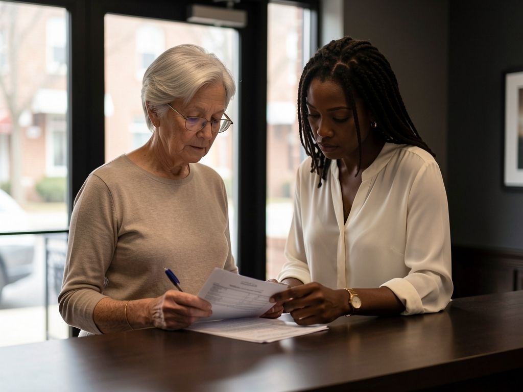 Two women reviewing a form at an office desk in morning light