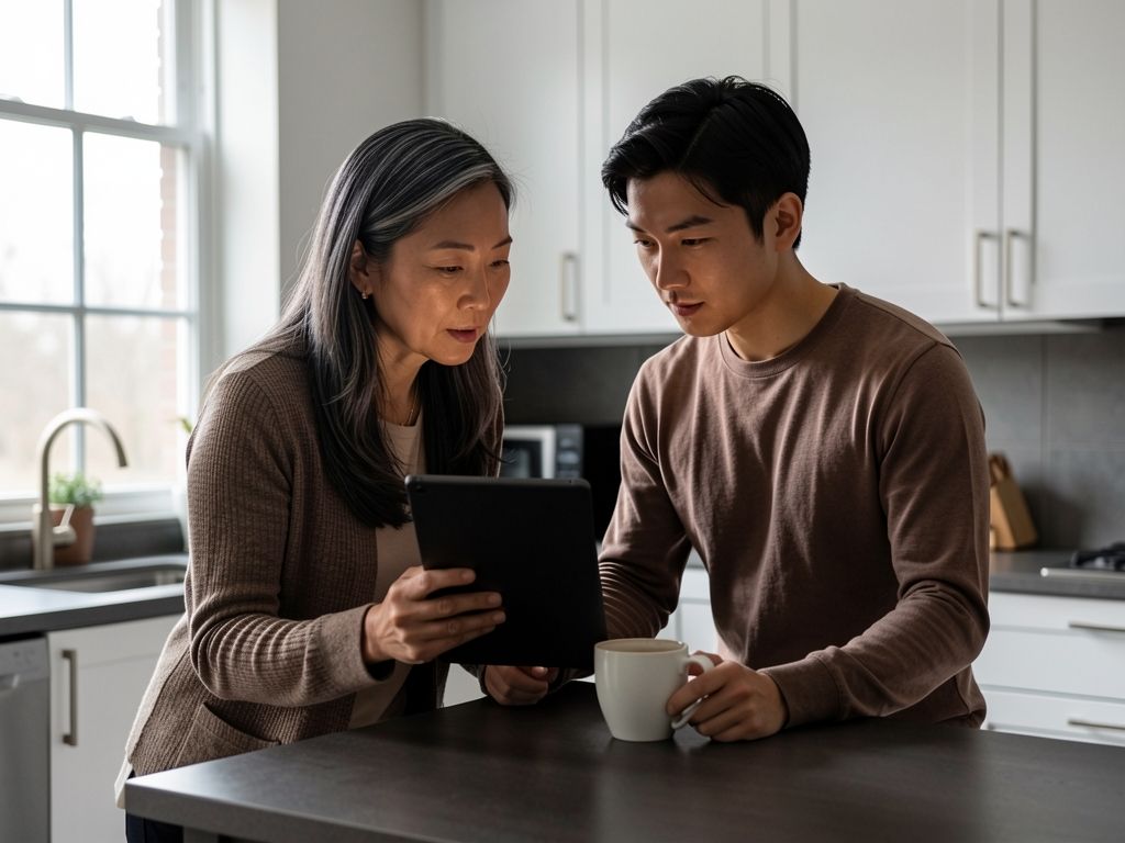 Woman and adult son reviewing information on a tablet together in a bright home kitchen office.