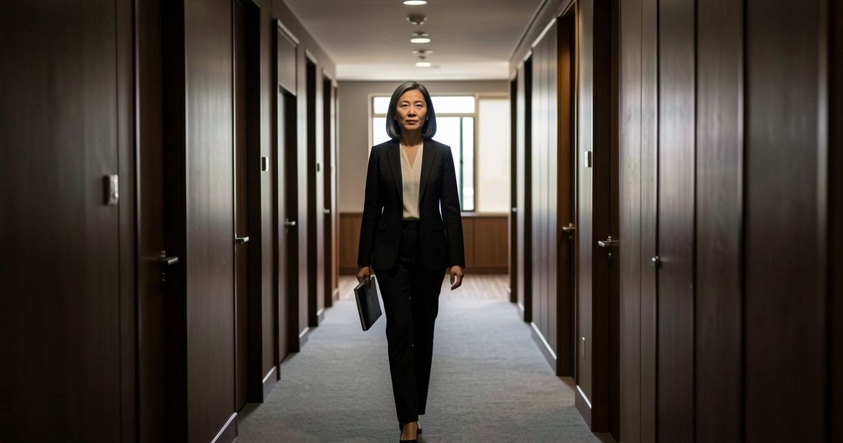 Woman walking down a quiet office hallway carrying a folder, morning light ahead.