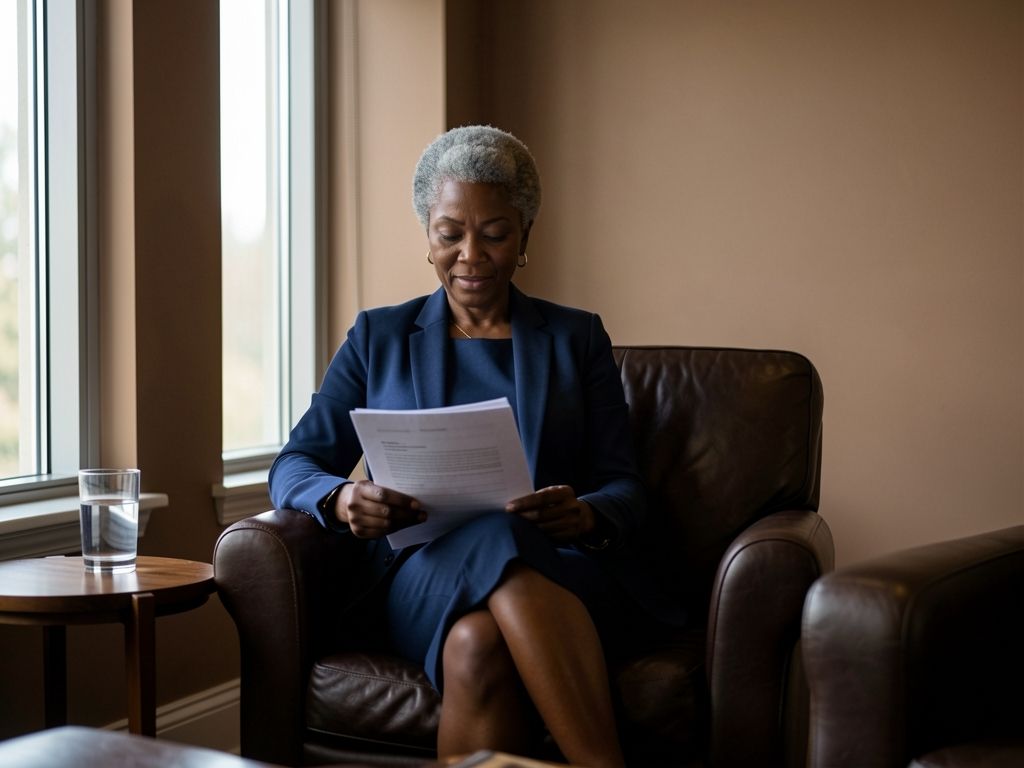 Woman reading a closed report in a leather armchair, natural light from windows.