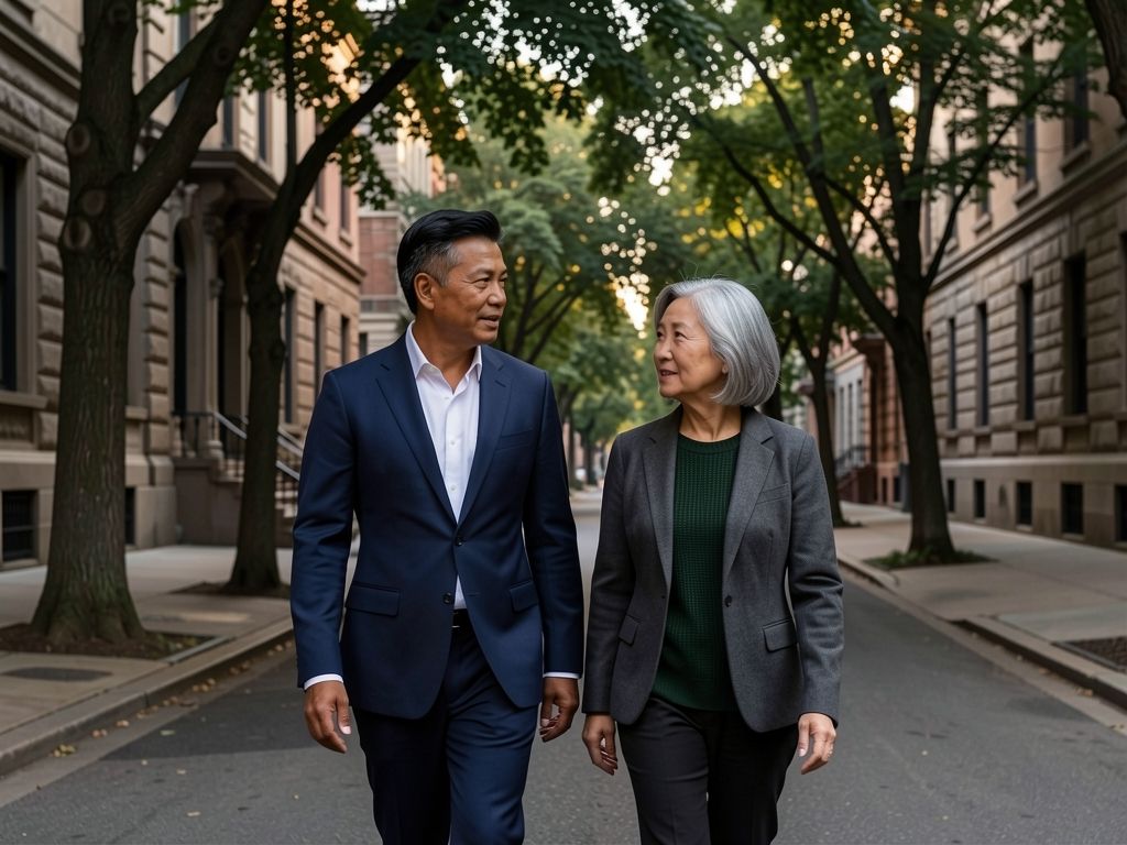 Two professionals walking together on tree-lined downtown street in conversation.