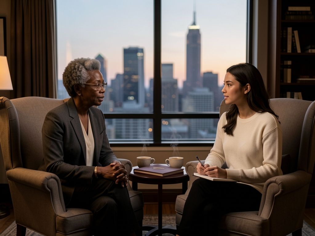 Two women in conversation in office wingback chairs, portfolio and tea on side table between them