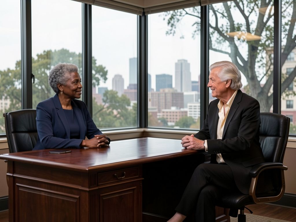 Two professionals in conversation at a walnut desk in a corner office with city view.