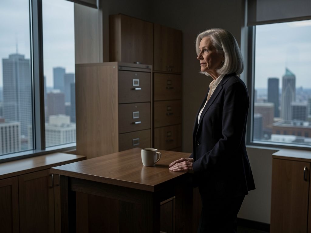 Solitary figure standing at desk by window, morning light, empty office, coffee cup nearby.