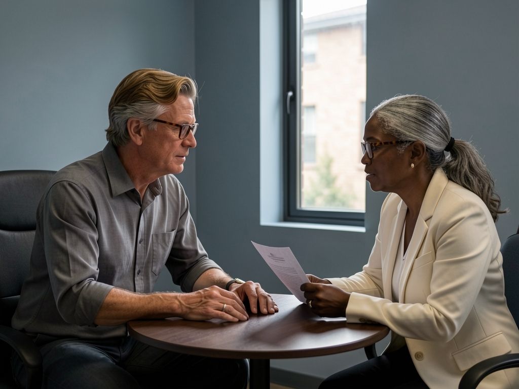 Two professionals leaning in across a small table in a quiet office, engaged in conversation.