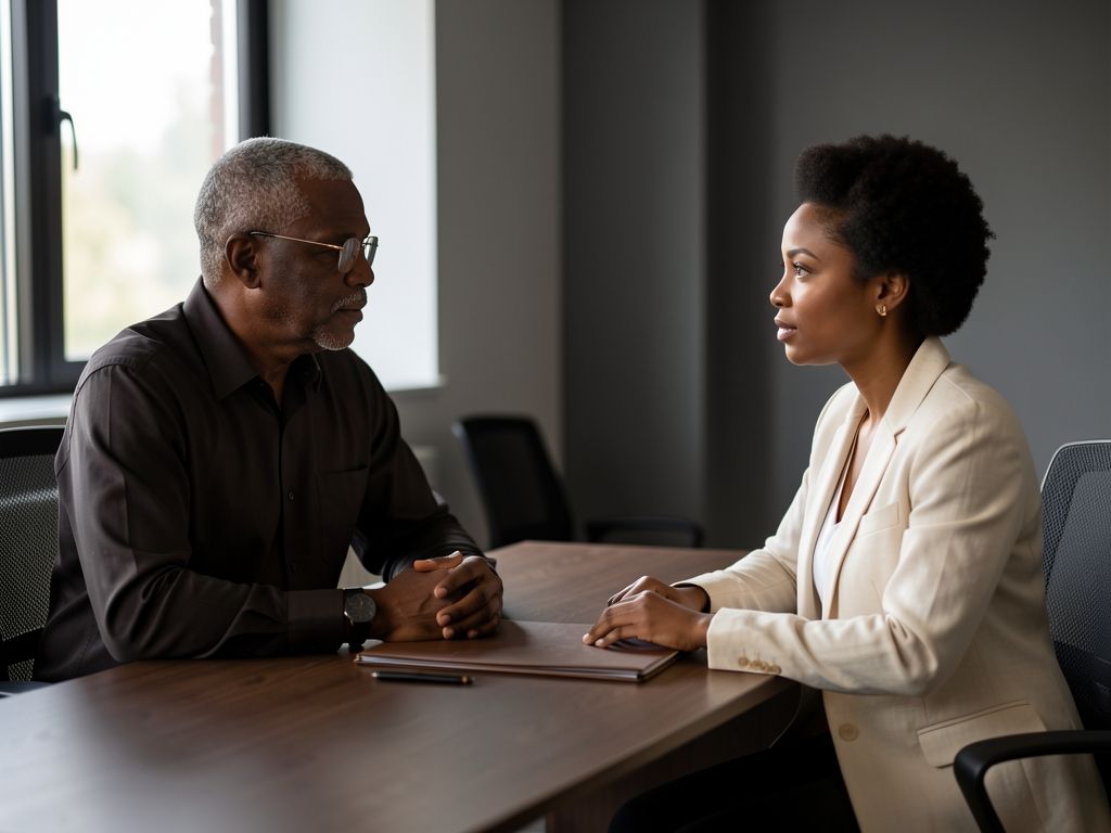 Two people seated across from each other at a desk, turned inward in conversation, closed folder between them