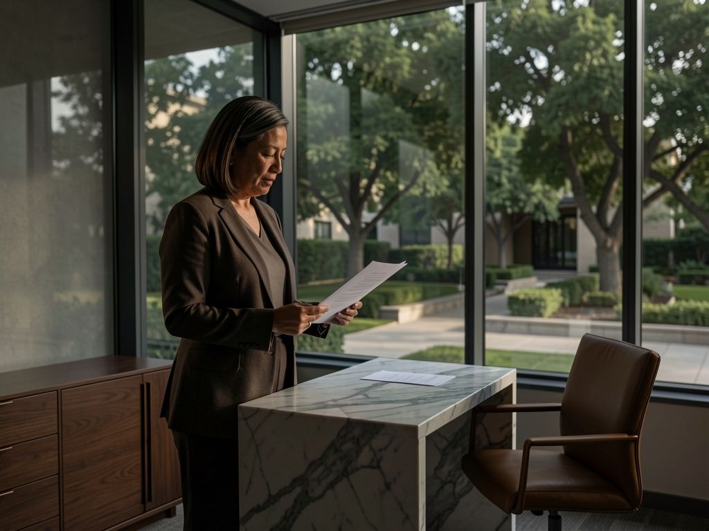 Woman standing at a marble desk in a modern office, reviewing a document in natural morning light.