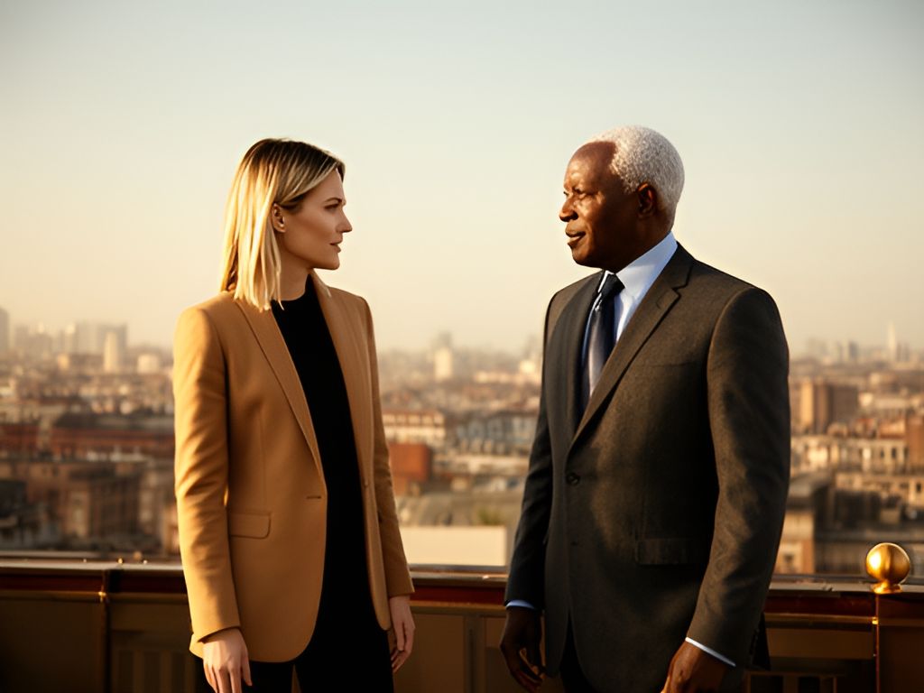 Two professionals on terrace overlooking city skyline, turned toward each other in conversation; afternoon light.