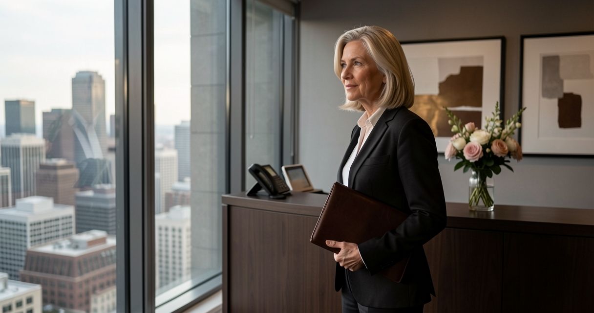 Woman in business attire standing at a tall window, holding a leather portfolio, morning light in modern office.