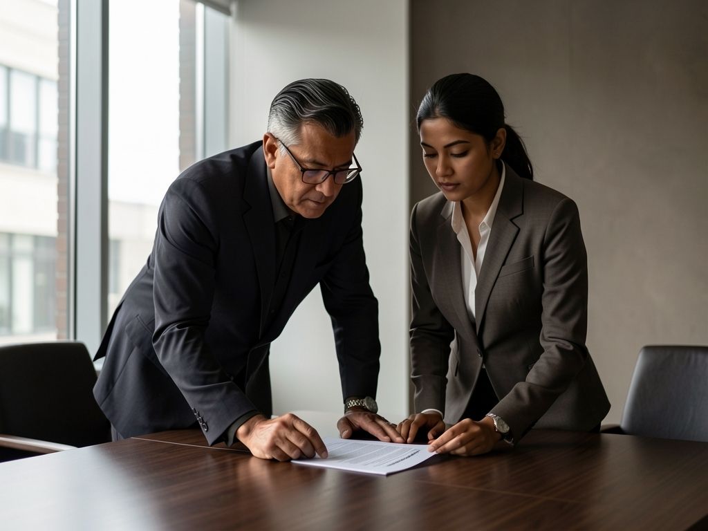 Two professionals reviewing document together at bright modern conference table