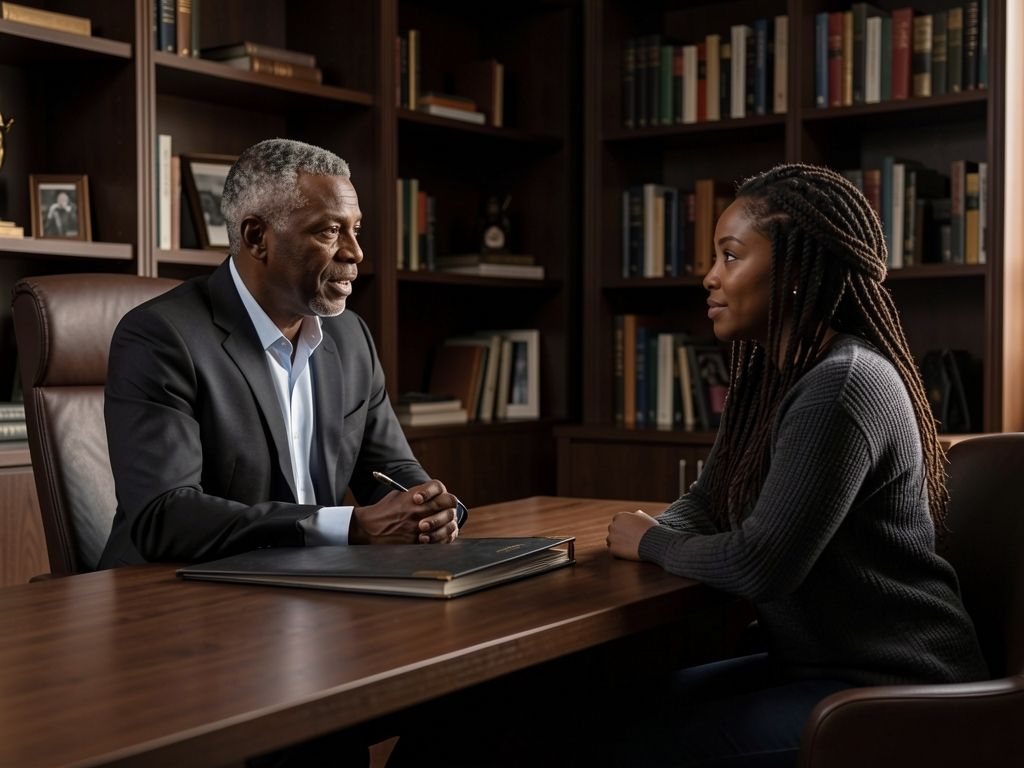 Advisor and adult daughter in conversation across a partner's desk, bookshelf behind them