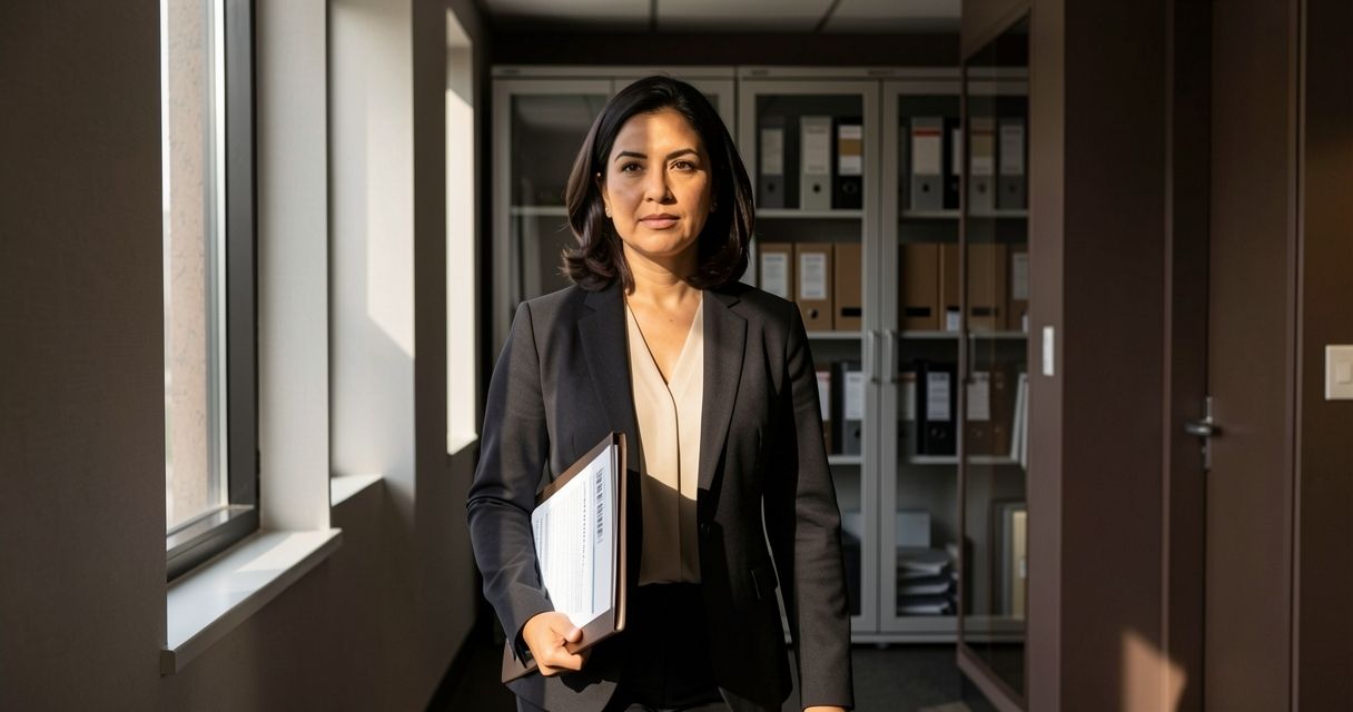 Woman walking through bright office corridor, holding folder, organized storage visible behind her