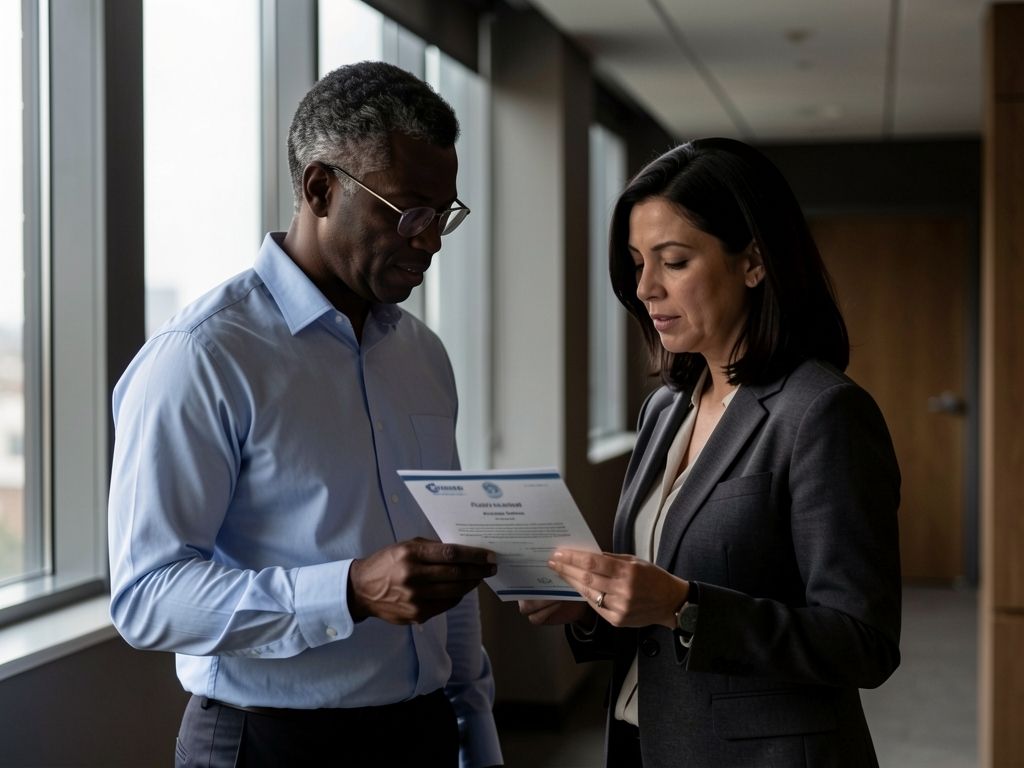 Two professionals reviewing a credential document together in a bright office corridor.