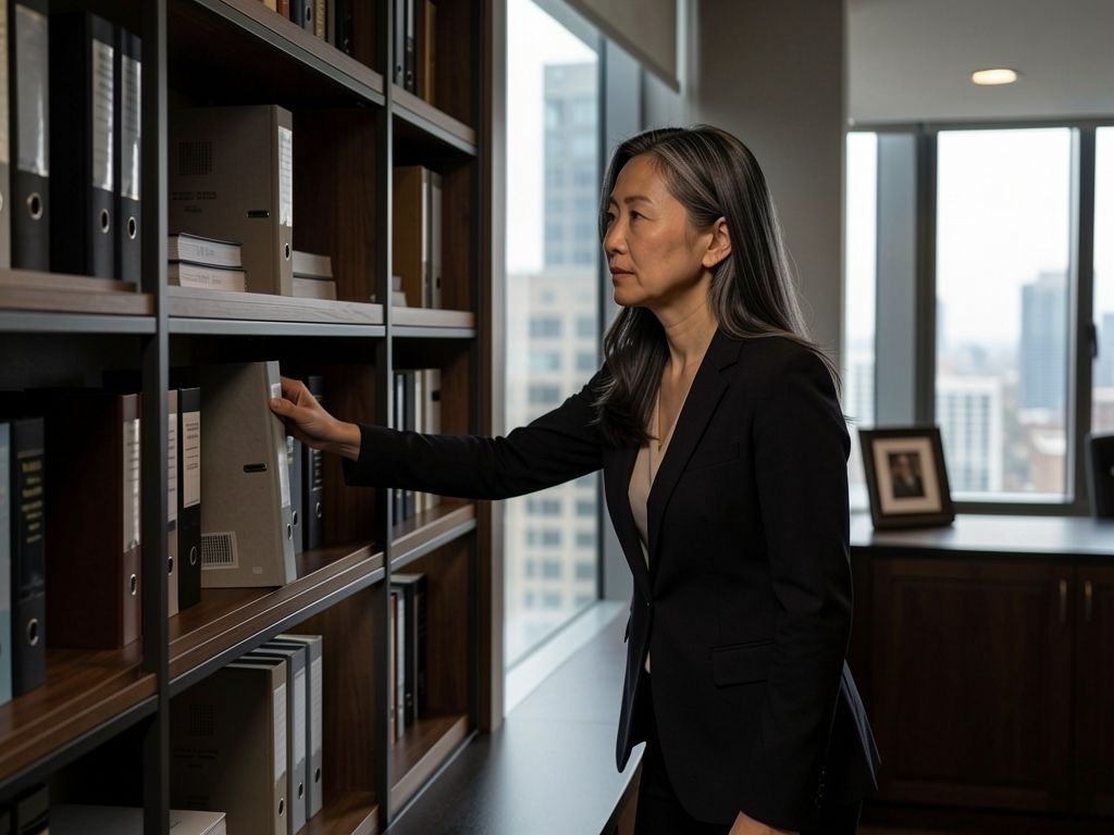 Woman reaching for a binder on a tall contemporary shelf in a bright professional office with city views.