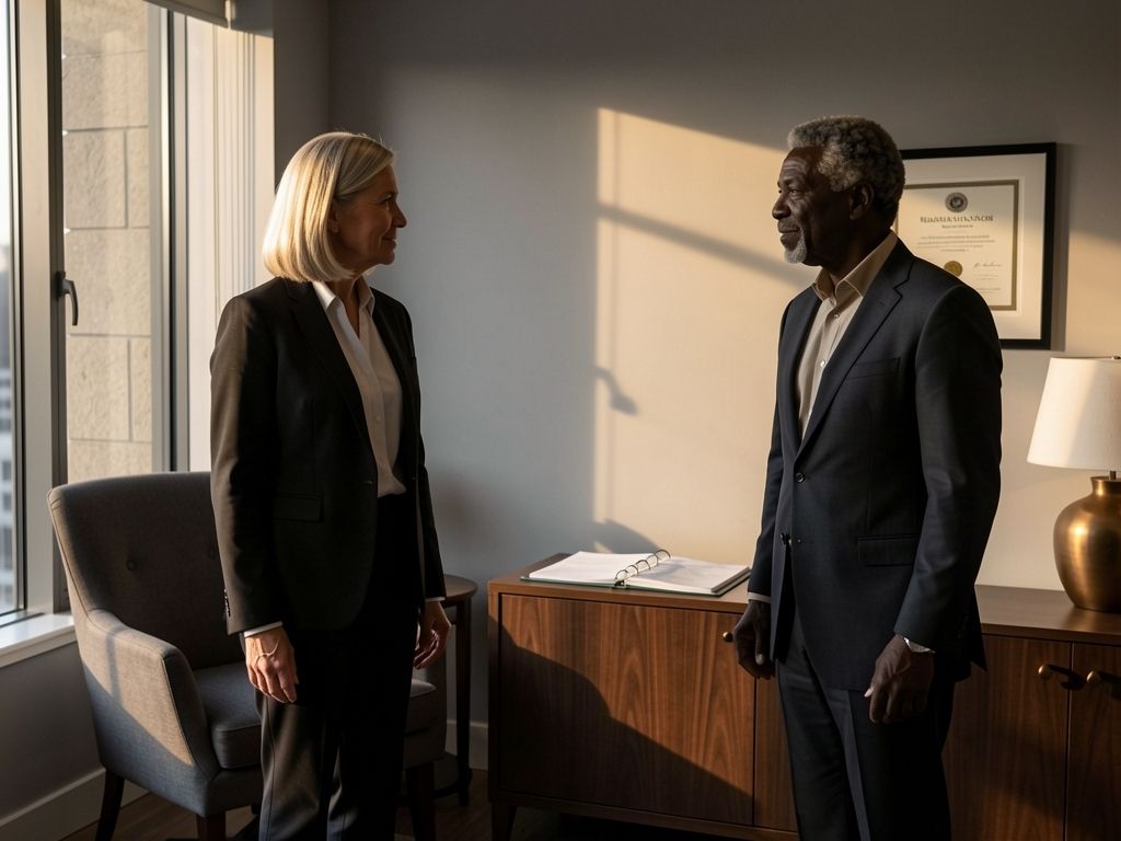 Woman standing by window with man beside credenza holding binder, afternoon light, gray walls, advisory office.