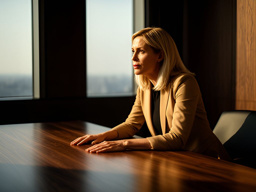 Woman leaning forward at walnut table in bright meeting room with tree-lined windows, listening.
