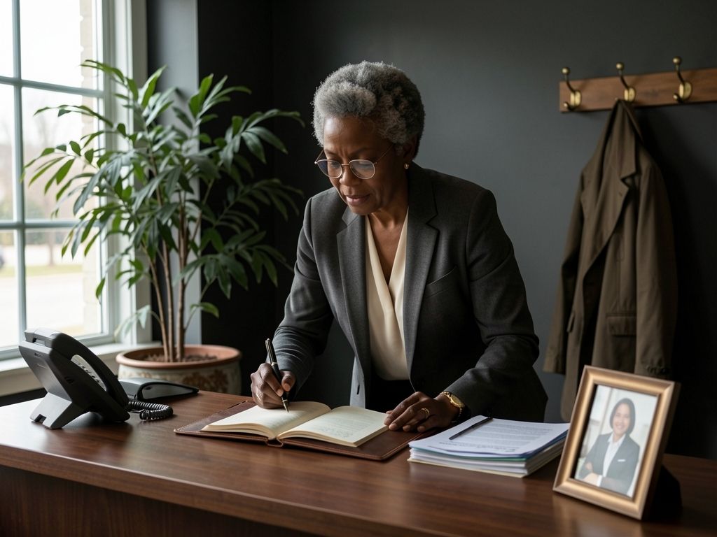Woman at reception desk with fountain pen and appointment book, quiet morning light, houseplant nearby