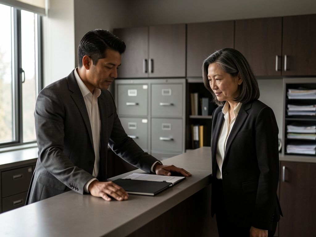 Two professionals reviewing a closed document together at an office counter.