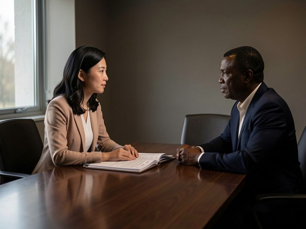Two professionals in conference room reviewing materials together at wooden table
