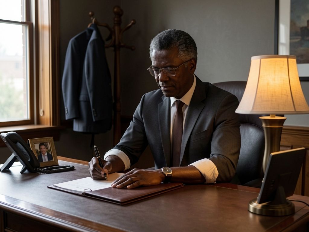 Man at his desk holding a fountain pen, surrounded by the quiet tools of professional practice.