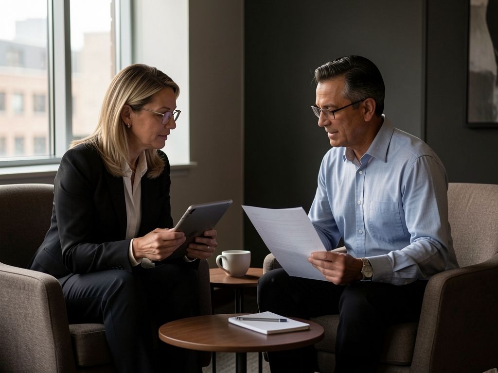 Two advisors reviewing documents together in comfortable chairs by a window.