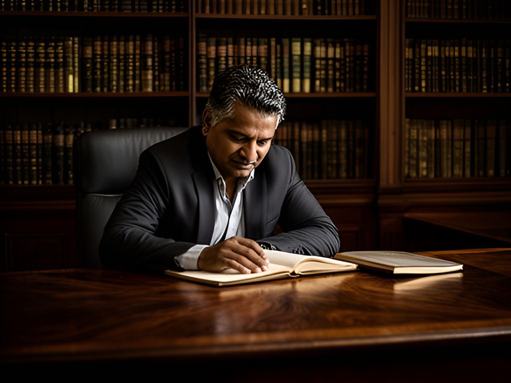 Man seated at library table reading open book, surrounded by floor-to-ceiling shelves of bound volumes