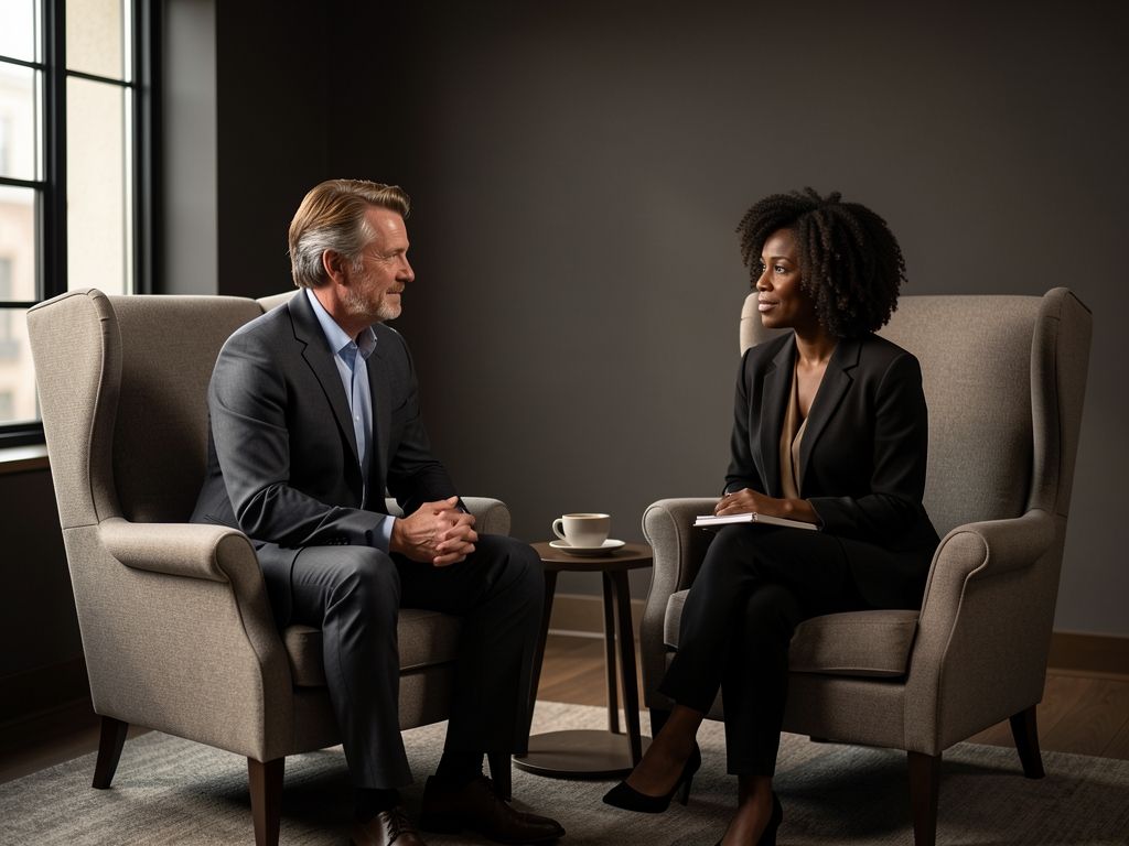 Two advisors sitting in armchairs in a bright office, angled toward each other in conversation.