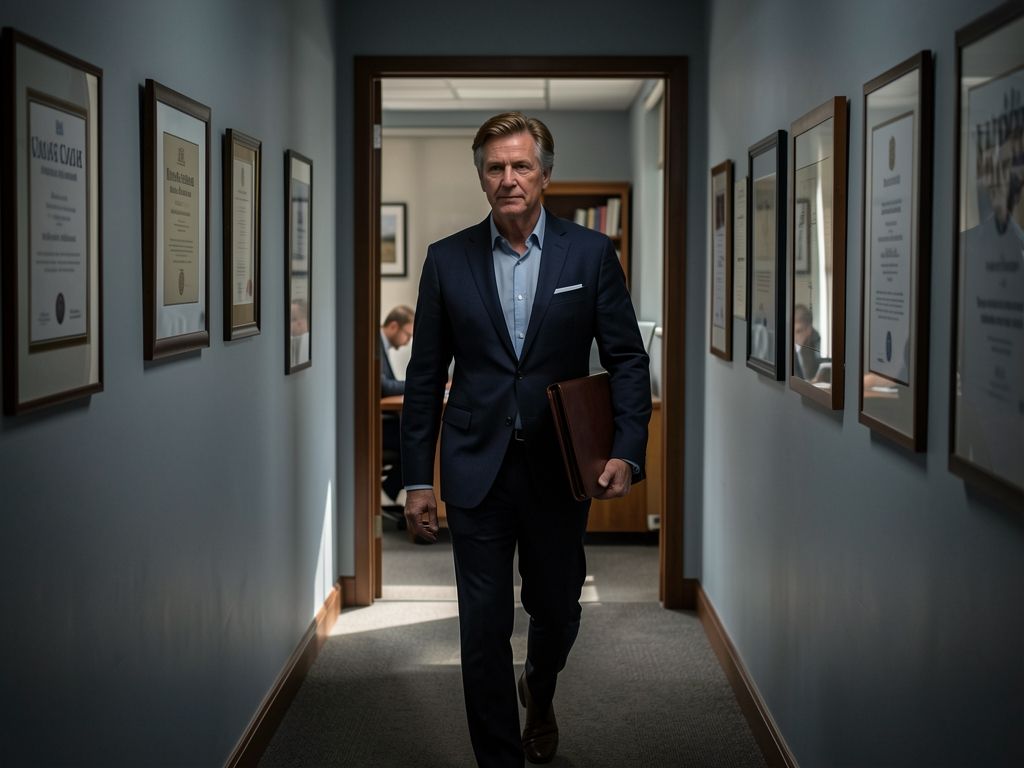 Man walking down a law firm corridor carrying a portfolio, moving toward natural light.