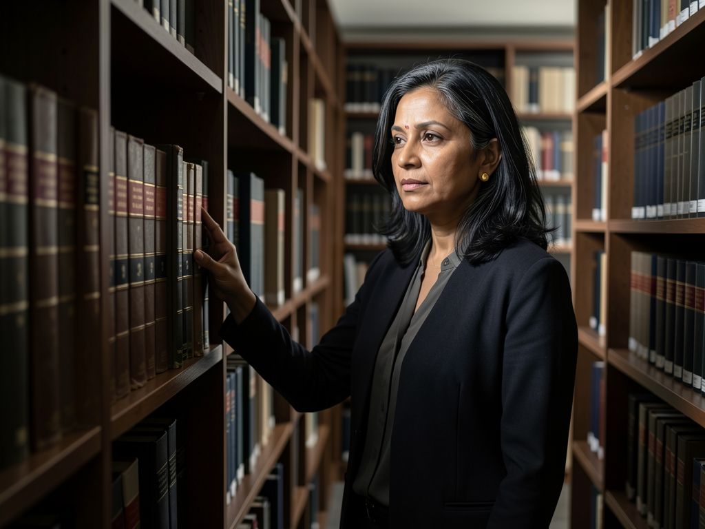 Woman selecting a volume from law firm library shelves, natural library lighting.
