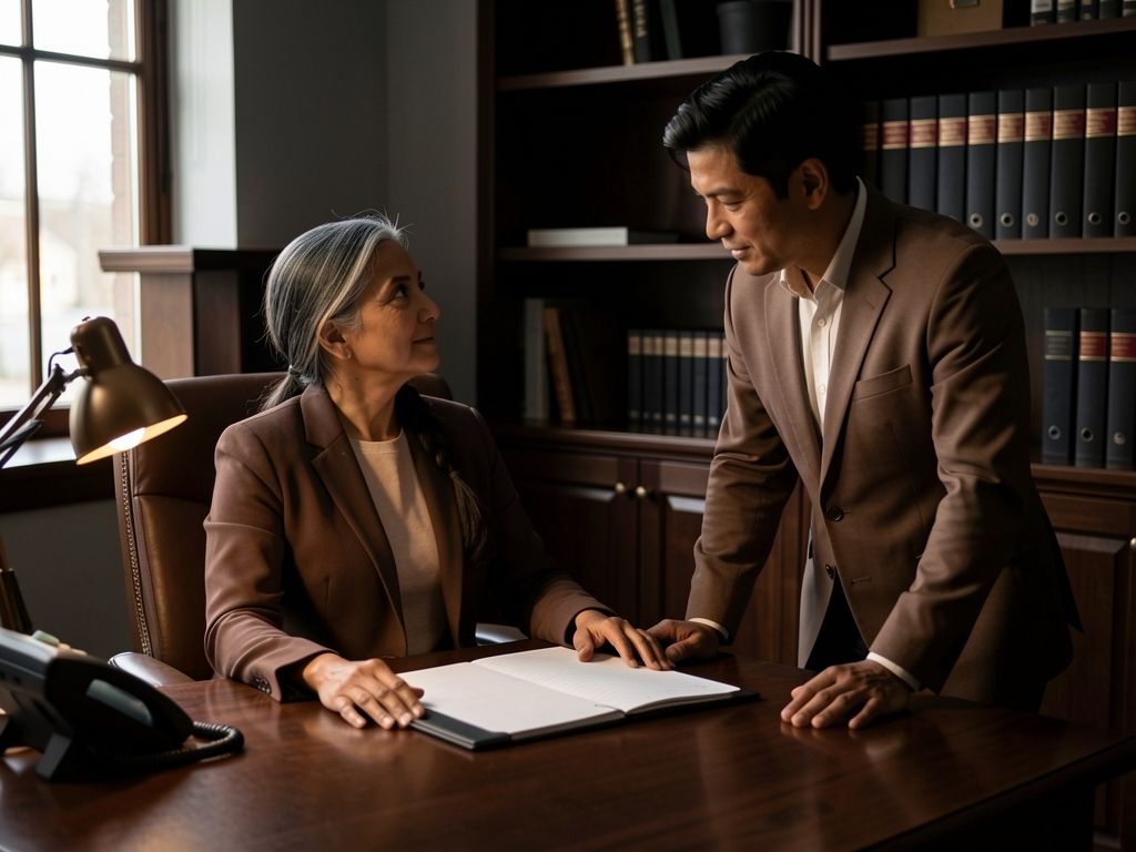 Woman seated at desk leaning back, colleague standing beside her, both looking at closed binder between them, afternoon 