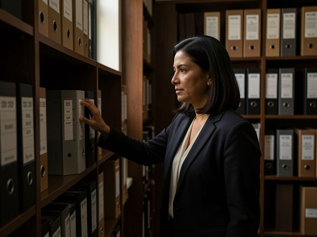 Compliance professional retrieving an organized file folder from a well-ordered document shelf.