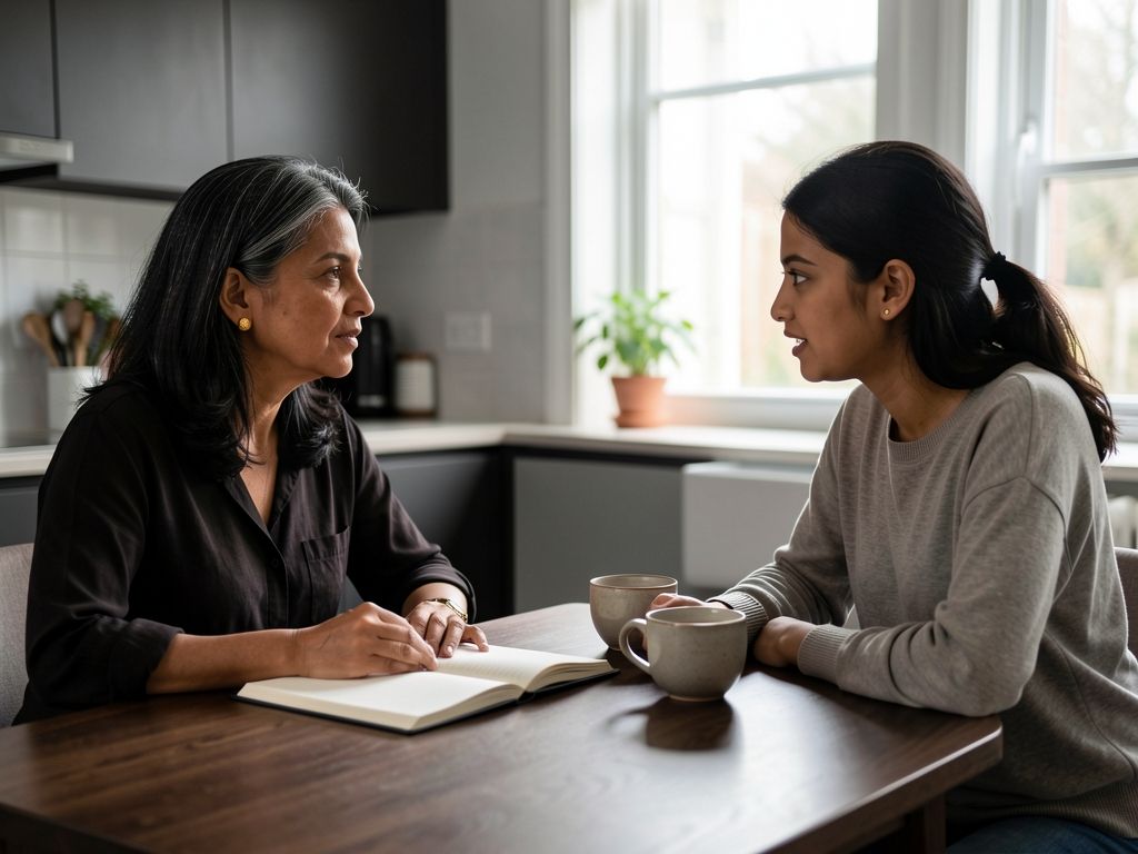 Woman and young adult daughter in conversation at kitchen table with notebook and tea.