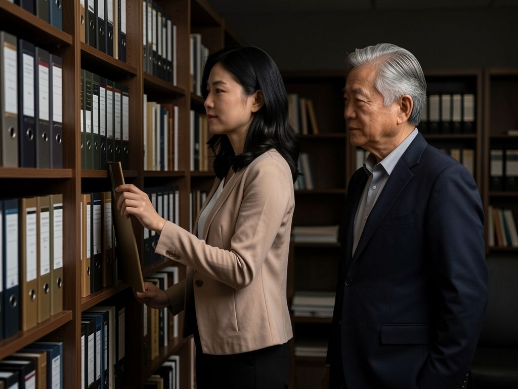 Two professionals consulting reference materials on tall shelving in a quiet firm library.