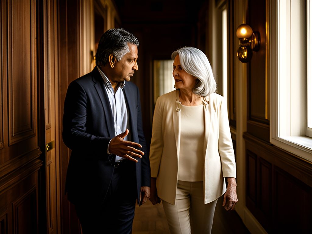 Two people walking and talking down a wood-paneled hallway with morning light ahead.