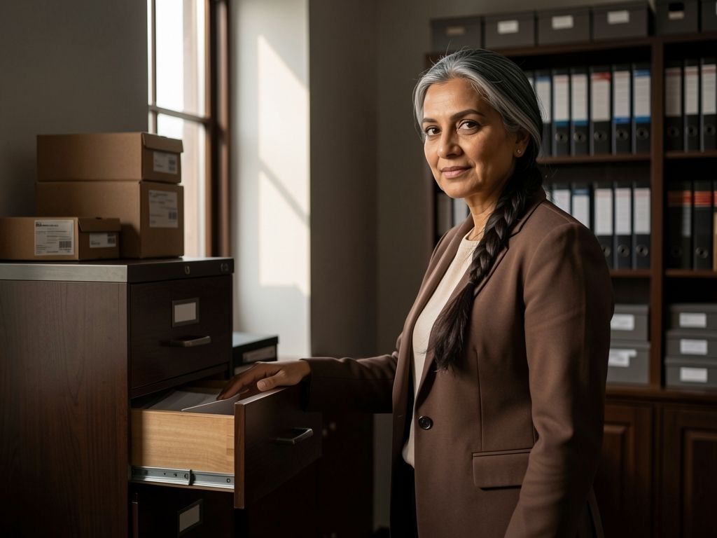 Woman at an open filing drawer in a records room, hand on drawer pull, thoughtful expression.