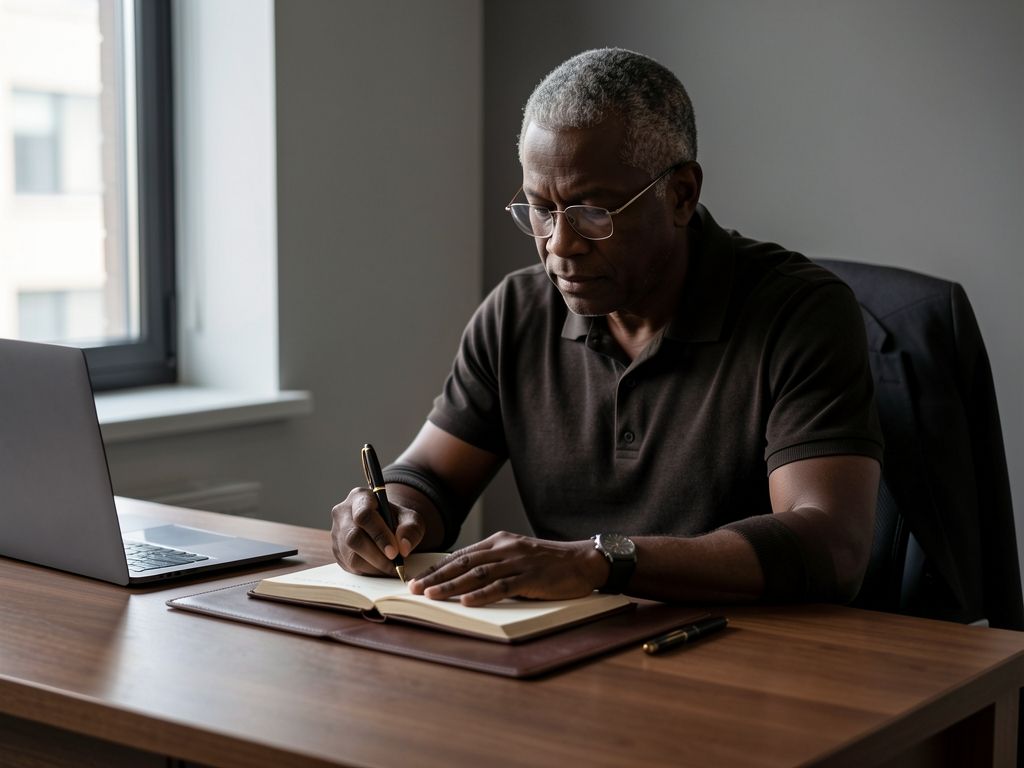 Man at wooden desk writing in journal with fountain pen, morning light, suit jacket on chair behind