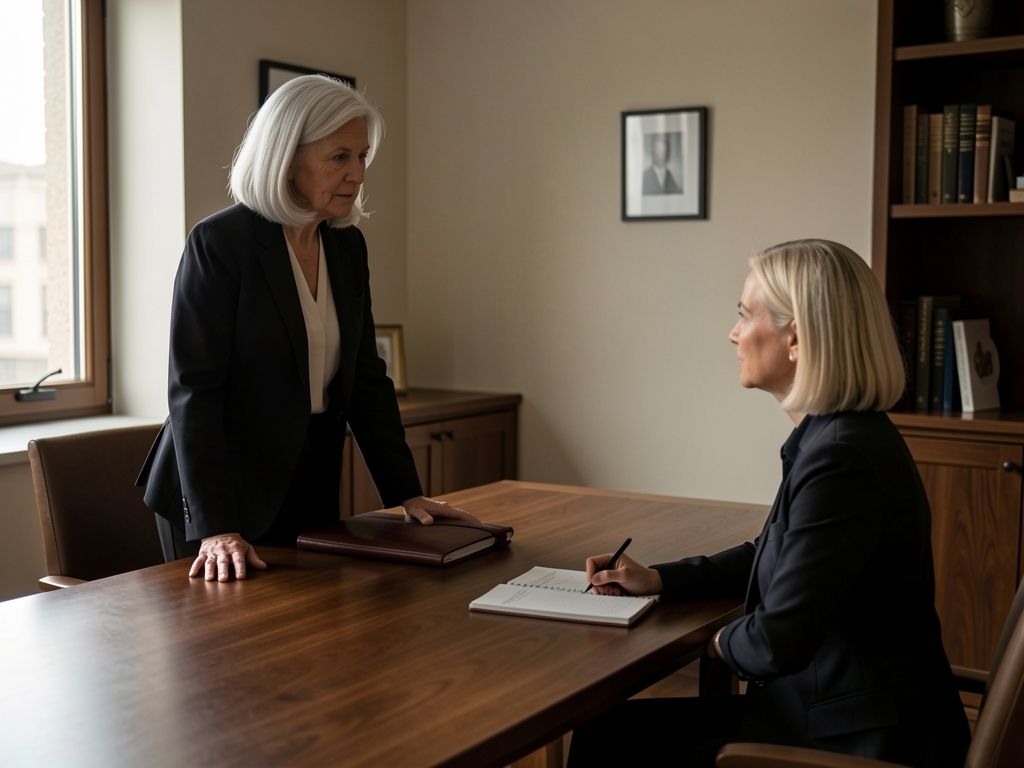 Woman standing at meeting table with seated adult daughter, portfolio and notebook visible