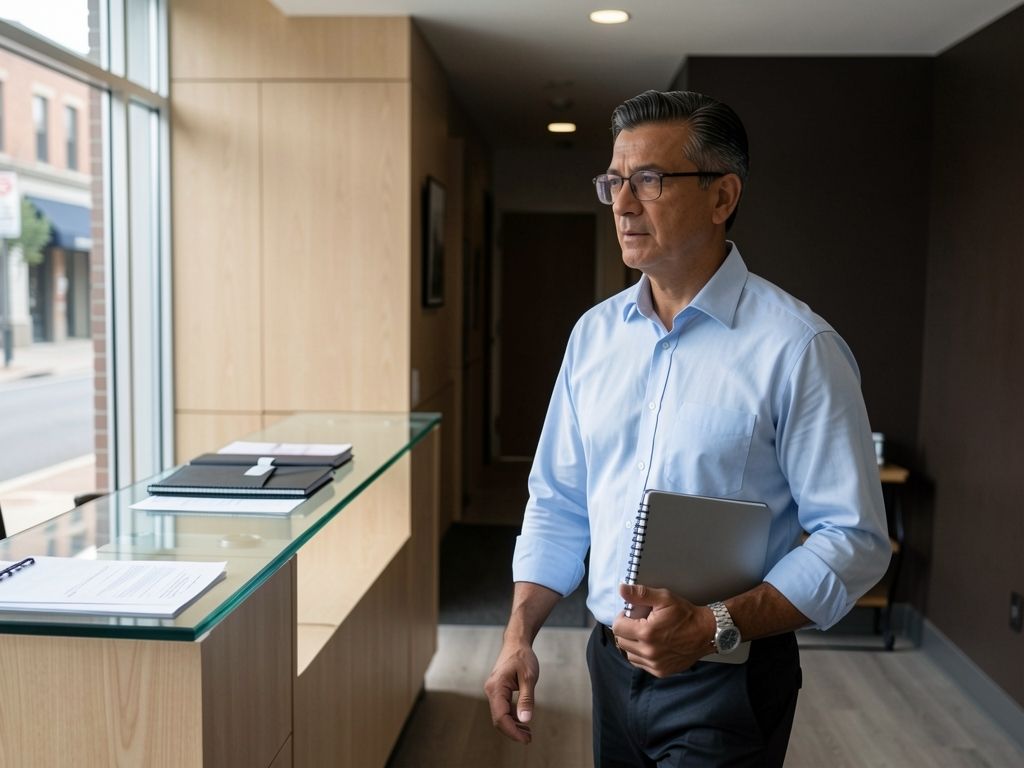 Man walking through empty reception area in morning light, tablet in hand