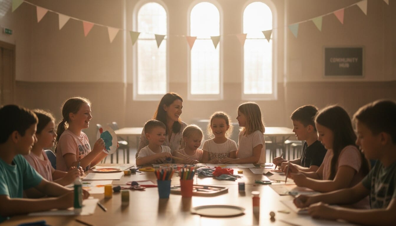 A warm, sunlit community hall interior with smiling UK children and teenagers engaged in a craft activity at a table.